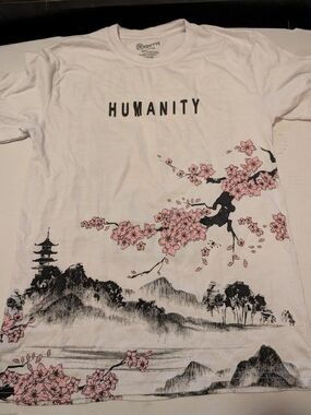 RGSTR White T-Shirt with Pink Cherry Blossom Art Medium